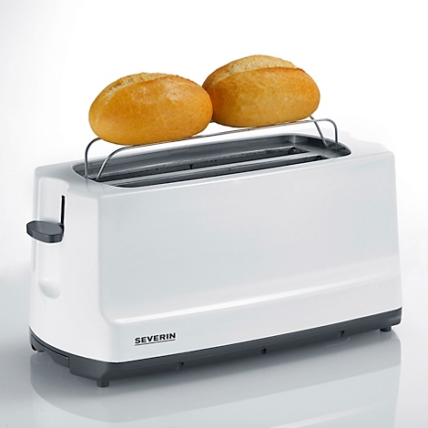 Weißer Toaster mit zwei Brötchen. Oben, aus Metall. Aufschrift: SEVERIN.