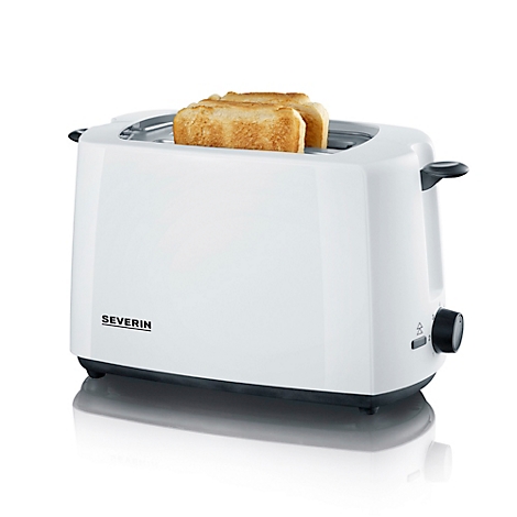 Weisser Toaster mit zwei Toastscheiben, die aus den Schlitzen ragen. Aufschrift: SEVERIN.