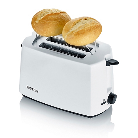 Weisser Toaster mit zwei Brötchen. Auf dem Toaster steht der Schriftzug "SEVERIN".