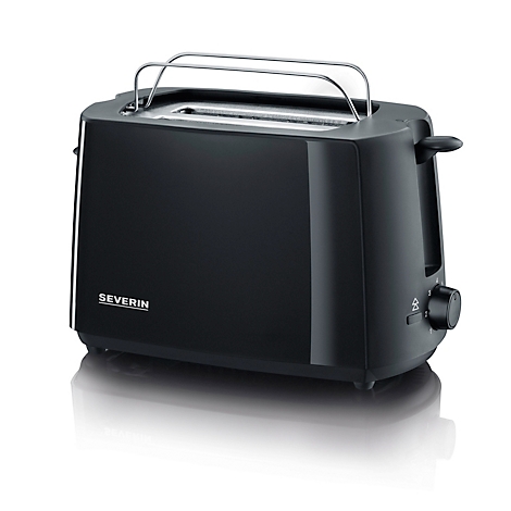 Schwarzer Toaster mit silbernen Hebevorrichtungen und Bedienrädern, isoliert auf weißem Hintergrund. Der Schriftzug 'SEVERIN' ist sichtbar.