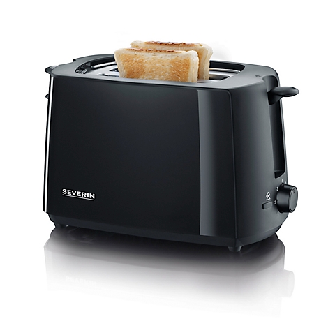 Schwarzer Toaster mit zwei Toastbrotscheiben, Marke Severin. Drehregler rechts, Logo links.