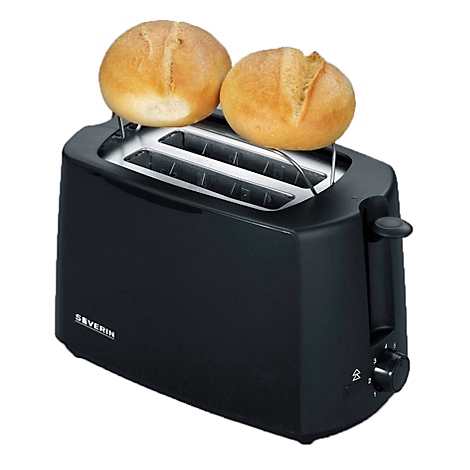 Schwarzer Toaster mit zwei Brötchen darauf. Drehregler und Markenlogo „Severin“ sichtbar.
