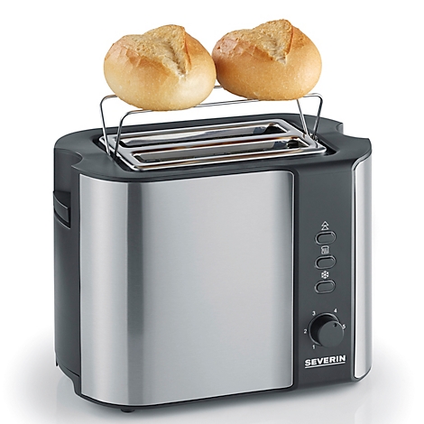 Broodrooster met twee broodjes. Zilveren behuizing, bediening aan de zijkant, broodjesopzetstuk.