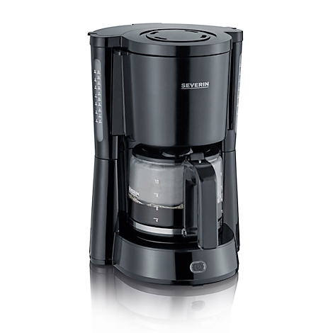 Cafetière noire de la marque Severin. Carafe en verre, panneau de commande avec bouton.