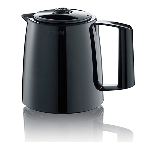Cafetière isotherme noire brillante avec couvercle et poignée. L'inscription SEVERIN est visible.