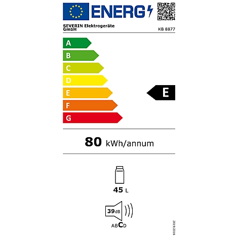 Energielabel van Severin met energie-efficiëntieklasse E en informatie over energieverbruik, geluidsniveau en capaciteit.