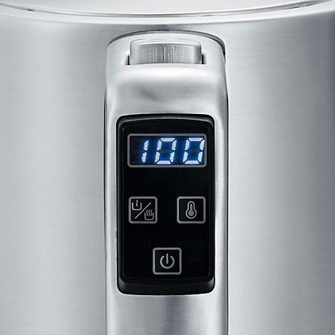 Close-up of a kettle. The number 100 glows blue on a black control panel. Below, symbols for functions.