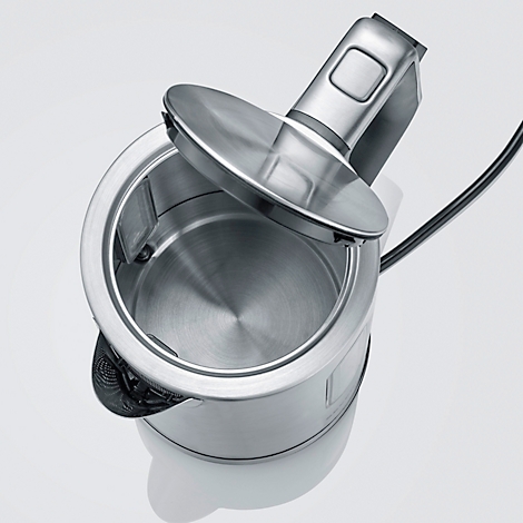 Stainless steel kettle with the lid open, interior view. Handle and power cord visible.