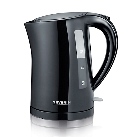 Black Severin kettle, with handle and water level indicator.