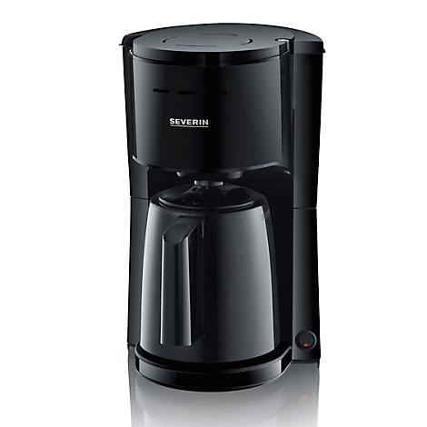 Schwarze Kaffeemaschine der Marke Severin. Das Design ist schlicht und elegant.