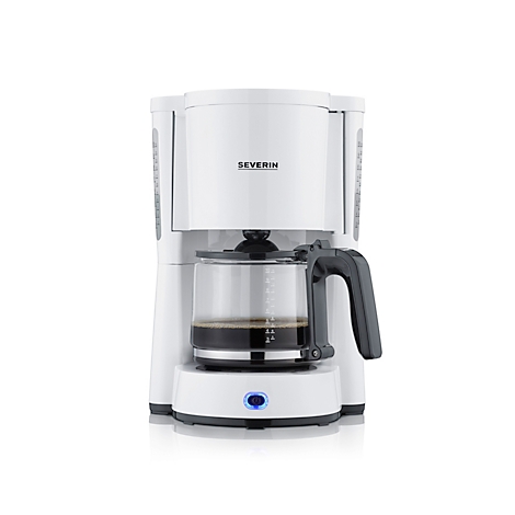 Witte koffiemachine met glazen kan, gevuld met koffie. De tekst SEVERIN is zichtbaar. Een blauwe knop licht op aan de onderkant.