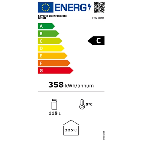 Energielabel met beoordeling C, 358 kWh/jaar, 118L, temperatuurweergave 5°C, omgevingstemperatuur tot 25°C.