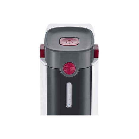 Nahaufnahme der Bedienelemente eines Küchengeräts mit rotem Ein-Aus-Knopf und LED-Ladestandsanzeige.