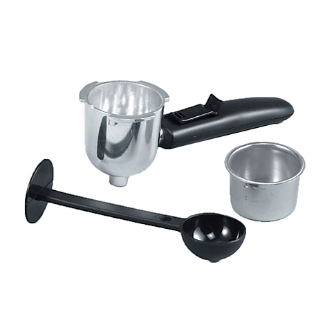 Koffiemachine-accessoires: portafilter, koffielepel en een kleine container, vrijstaand.