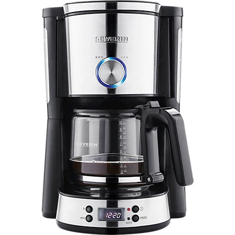 Kaffeemaschine von Severin, Edelstahl und Schwarz. Glaskanne mit Kaffee. Digitalanzeige: 12:20.
