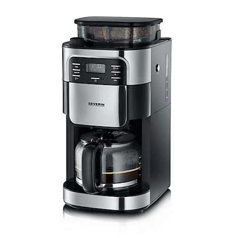 Kaffeemaschine mit Glaskanne, silbernen Akzenten und Bedienfeld.