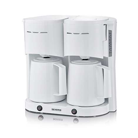 Weiße Kaffeemaschine mit zwei Kannen, Bedienelementen und Markenlogo.