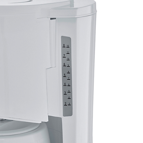 Close-up van een witte koffiezetapparaat, met een waterniveau-indicator. De schaal loopt van 2 tot 12.