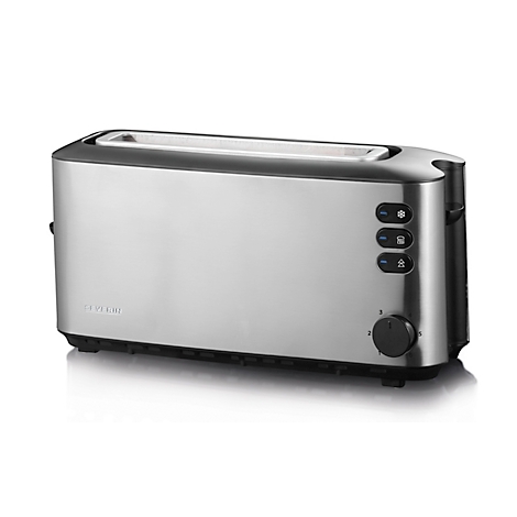 Metall Toaster auf weissem Hintergrund. Bedienknöpfe und Schlitze sind sichtbar.