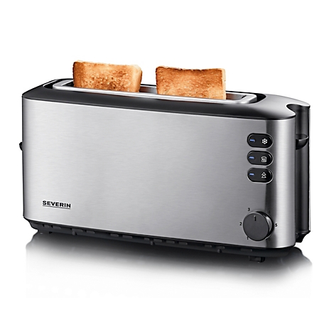 Ein silberfarbener Toaster mit zwei Toastscheiben. Auf der Vorderseite sind Knöpfe und ein Drehregler.