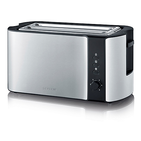 Silberfarbener Toaster mit schwarzen Bedienelementen. Das Gerät hat zwei Schlitze und einen Drehregler.