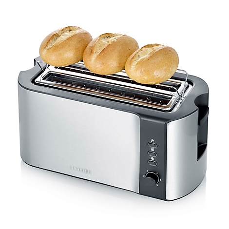 Silberner Langschlitz-Toaster mit drei Brötchen. Bedienelemente, silberne Front. Schwarzer Rand und Drehregler.