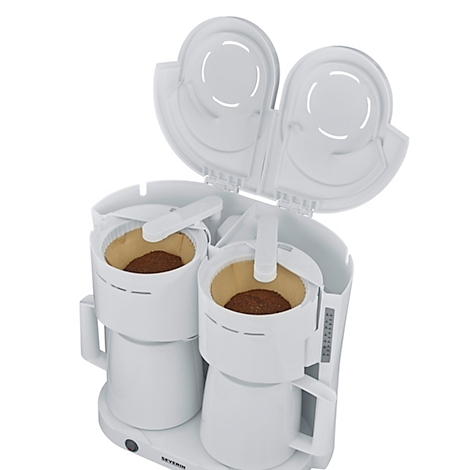 Cafetière double, blanche, avec couvercle ouvert, filtre à café avec café moulu.