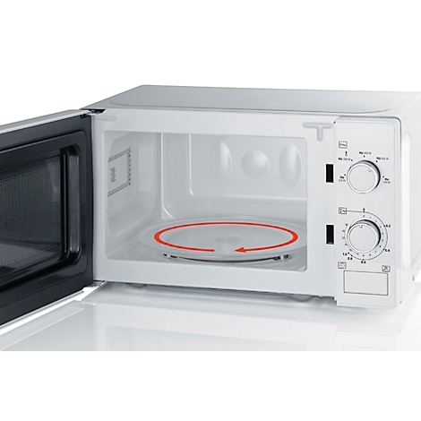 Un four à micro-ondes blanc avec la porte ouverte, montrant l'intérieur avec plateau tournant et panneau de commande.