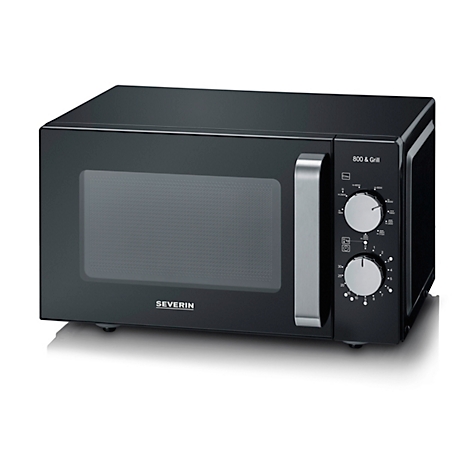 Black microwave with silver handle, knobs, and logo. Inscription: 800 & Grill.