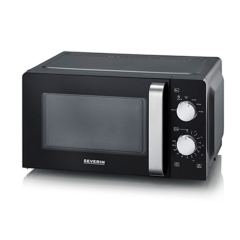 Black microwave with silver handle and dials. The door reads 'SEVERIN'.