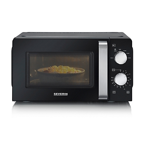 Black microwave with food inside. Silver handle and dials. The "Severin" logo is visible.