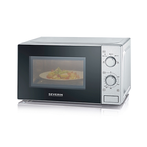 Mikrowelle mit Speisen in der Innenseite. Links schwarze Tür mit Sichtfenster, rechts Bedienelemente und das Logo Severin.