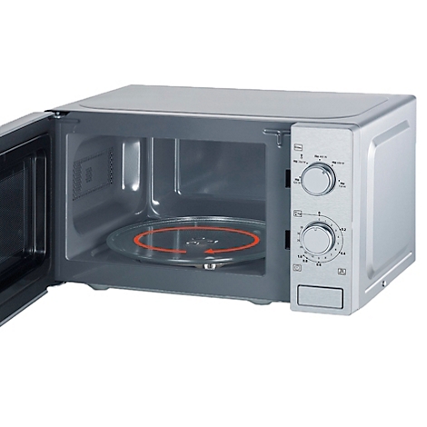 Silberne Mikrowelle mit offener Tür. Innen dreht sich ein Glas-Drehteller, darüber ein roter Pfeil.