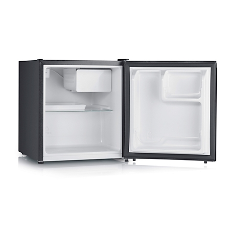Petit réfrigérateur ouvert avec intérieur blanc. La porte est ouverte, révélant l'intérieur avec étagère et compartiment congélateur.