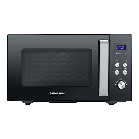Schwarze Severin Mikrowelle mit Edelstahlgriff und digitalem Display vor weißem Hintergrund.