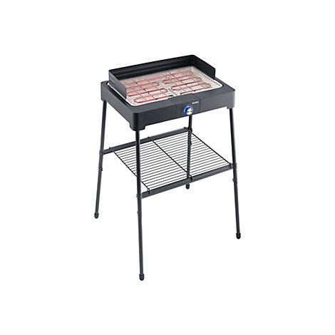 Schwarzer Elektro-Standgrill mit leuchtenden Heizelementen und Ablagegitter vor weißem Hintergrund.