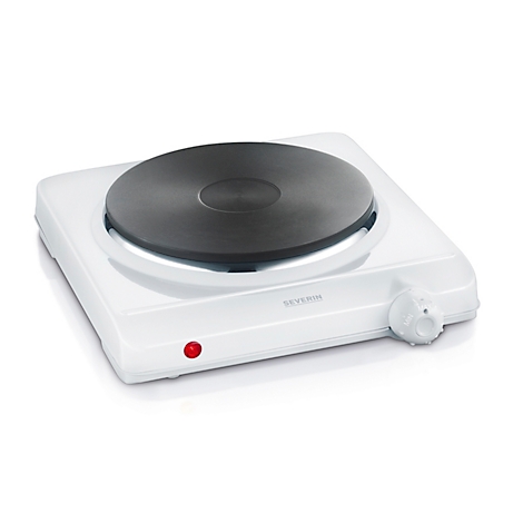 White hot plate with black hob. Rotary knob and red indicator light on the side.