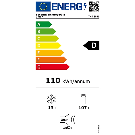 Energielabel van een koelkast. Energie-efficiëntieklasse D, 110 kWh/annum. Informatie over vries- en koelvolume, en geluidsemissie.