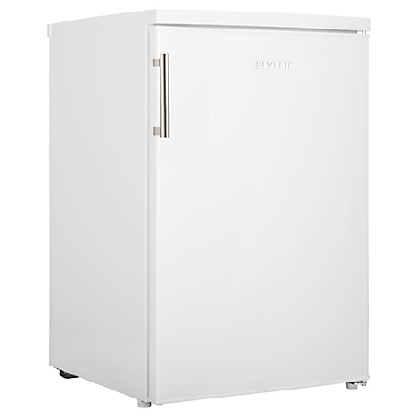 Weisser Kühlschrank mit silbernem Griff. Oberhalb der Tür ist 'SEVERIN' eingeprägt.