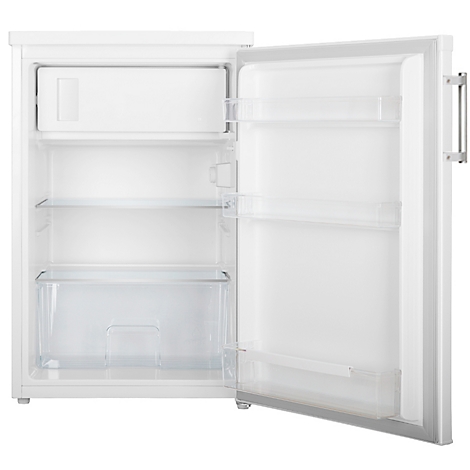 Offener weisser Kühlschrank mit Innenraum. Das Gefrierfach ist oben, darunter Regale und eine transparente Gemüseschublade.