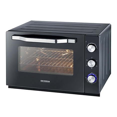 Schwarzer Severin Mini-Backofen mit silbernem Griff, Sichtfenster und drei Drehreglern auf weißem Hintergrund.