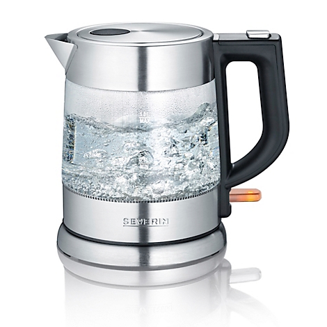 Glaswasserkocher mit kochendem Wasser; Metall, Kunststoff, und Glas. Marke 'SEVERIN'.