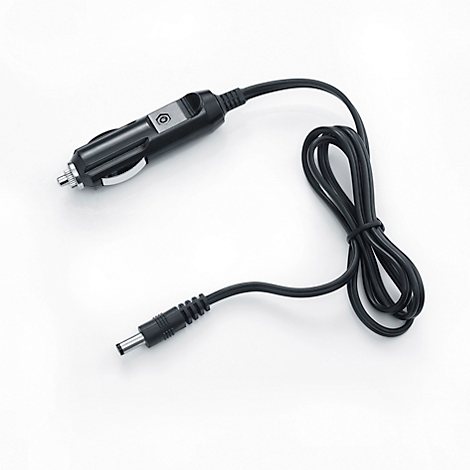 Black car charger with round connector on white background.