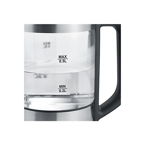 Nahaufnahme eines Wasserkochers mit Füllstandsanzeige, die MAX 0.5L und MIN 0.2L anzeigt.