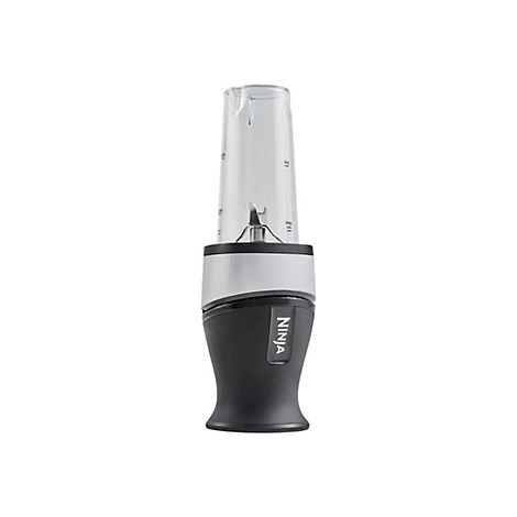 Schwarzer Ninja Standmixer mit transparentem Mixbecher und silbernem Mittelteil vor weißem Hintergrund.