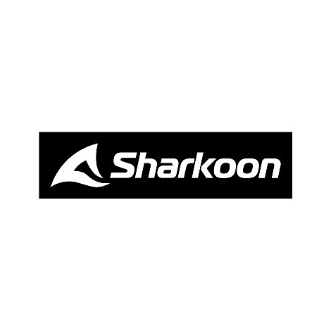 Das weiße Logo der Marke Sharkoon mit einem stilisierten Hai-Symbol auf schwarzem rechteckigem Hintergrund.