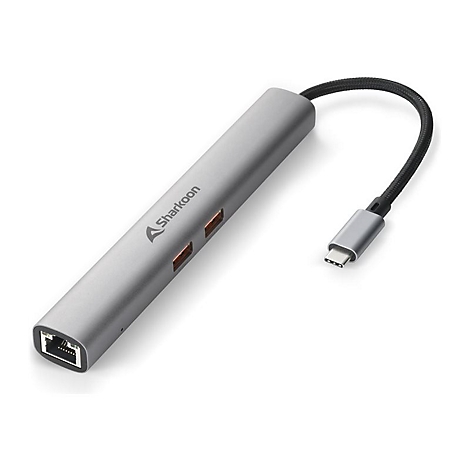 Grauer Sharkoon USB-C Hub mit Anschlüssen und Kabel, auf weißem Hintergrund.