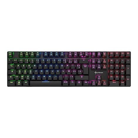Schwarze Gaming-Tastatur mit AZERTY-Layout und bunter RGB-Beleuchtung vor weißem Hintergrund.