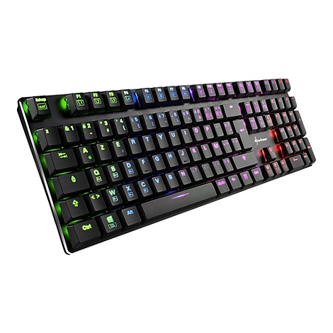 Schwarze Gaming-Tastatur mit AZERTY-Layout und mehrfarbiger RGB-Beleuchtung auf weißem Hintergrund.