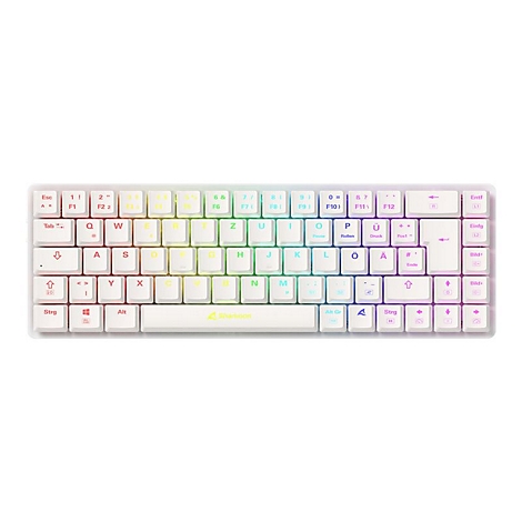 Draufsicht auf eine weiße mechanische Tastatur mit Regenbogen-Hintergrundbeleuchtung. Die Tasten sind beschriftet, mit Buchstaben, Zahlen und Sonderzeichen.